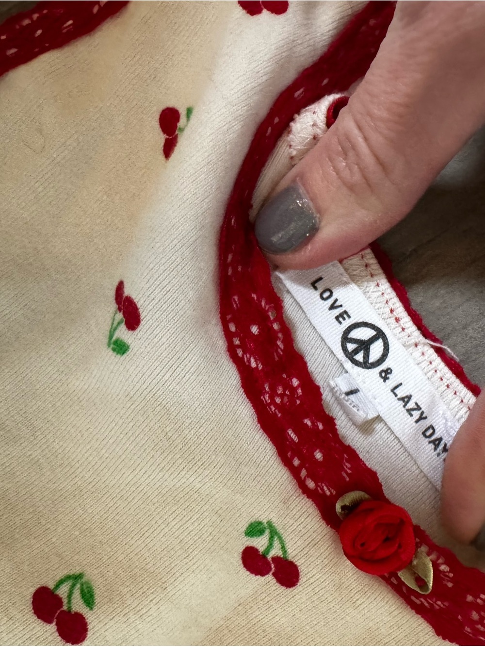 Cream and Red Cherry Print Crop Tank Pajama Top - Picture 2 of 8